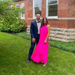 Vince Camuto Hot Pink Satin Maxi Dress (wedding guest dress)